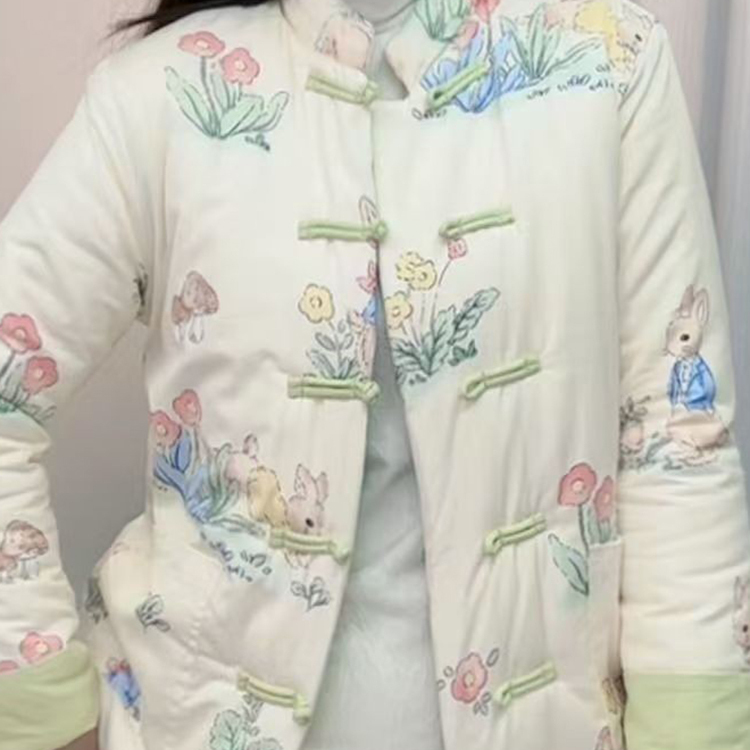 手工棉花袄印花宽松盘扣立领夹棉加厚保暖棉衣棉服冬季中式棉外套