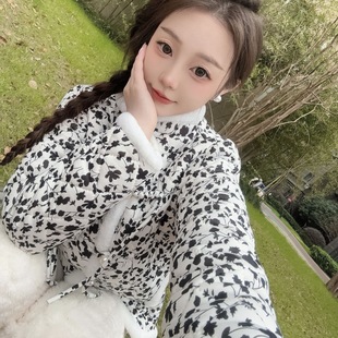 新款冬季珍珠斜扣碎花棉袄东北网红保暖棉衣外套女装加厚复古棉服