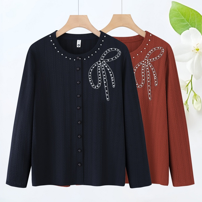 妈妈春装针织衫大码中年女士短款打底衫套头中老年春秋圆领薄上衣