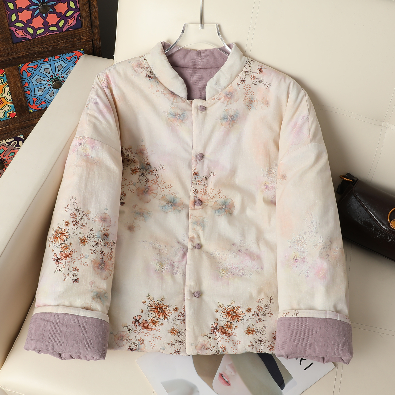 秋冬新中式国风棉衣复古印花文艺森系两面穿棉服宽松大码女装棉袄