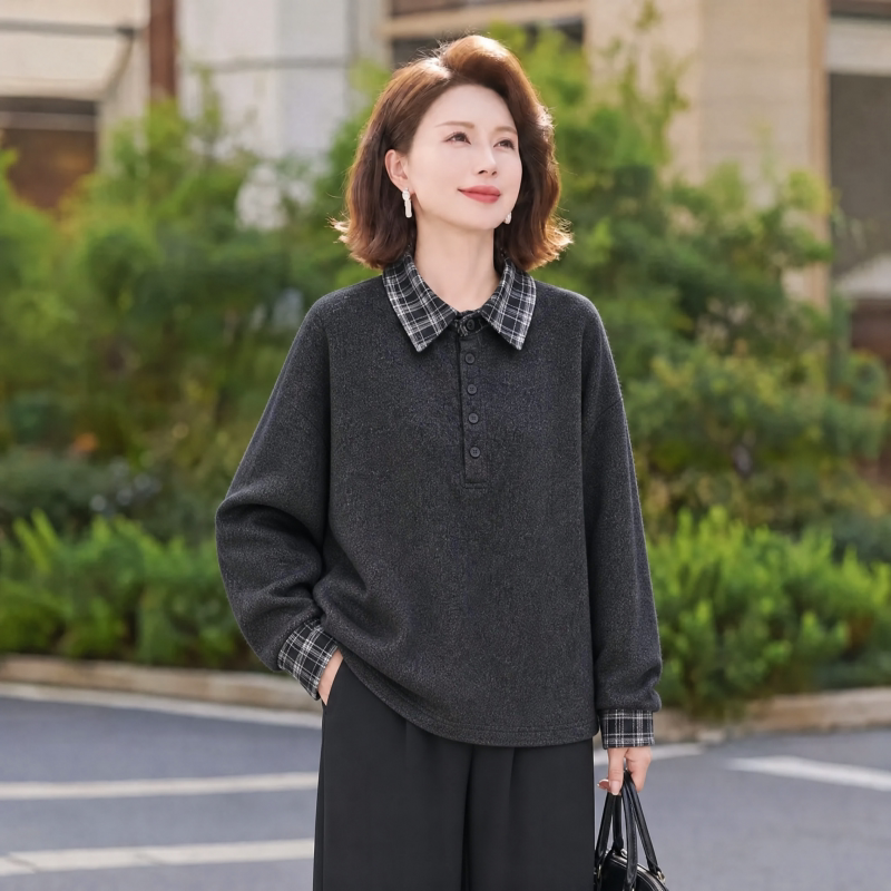 2026春秋季新款格子翻领卫衣套头上衣长袖气质感女装时尚宽松大码
