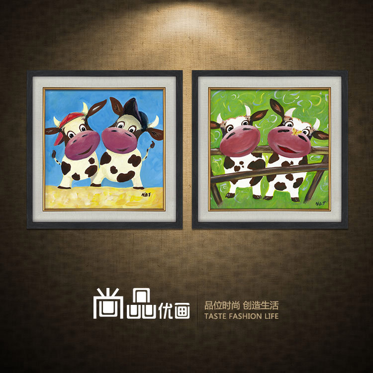 现代儿童房挂画 可爱小牛装饰画幼儿园壁画简约小孩卧室书房墙画