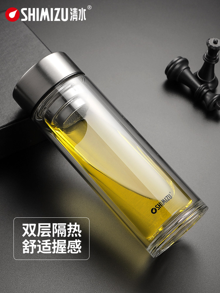 清水双层耐热带盖过滤泡茶玻璃杯图片