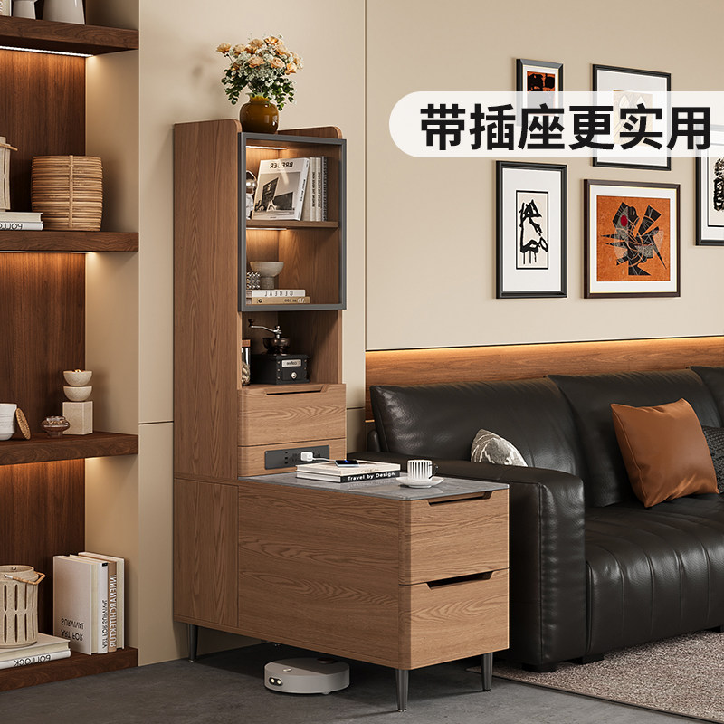 实木边几中古风沙发边柜侧边柜带插座置物架边桌客厅茶水柜小桌子