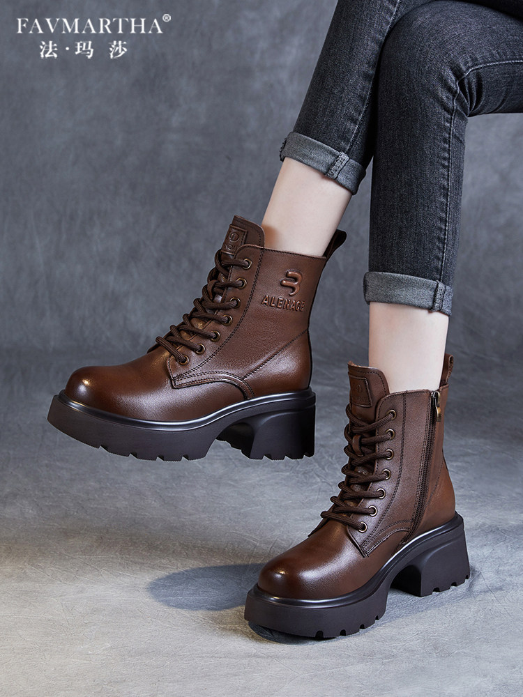 法玛莎马丁靴女春秋新款厚底真皮小个子增高头层牛皮拉炼粗跟短靴