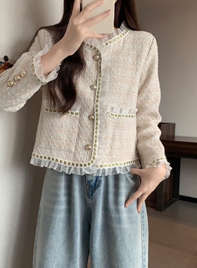 实拍2025秋装网纱拼接粗花呢名媛小香风气质短款外套M-4XL200斤