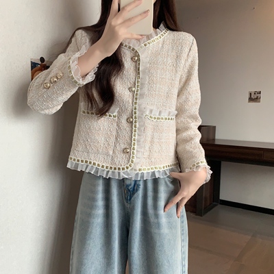 实拍2025秋装网纱拼接粗花呢名媛小香风气质短款外套M-4XL200斤