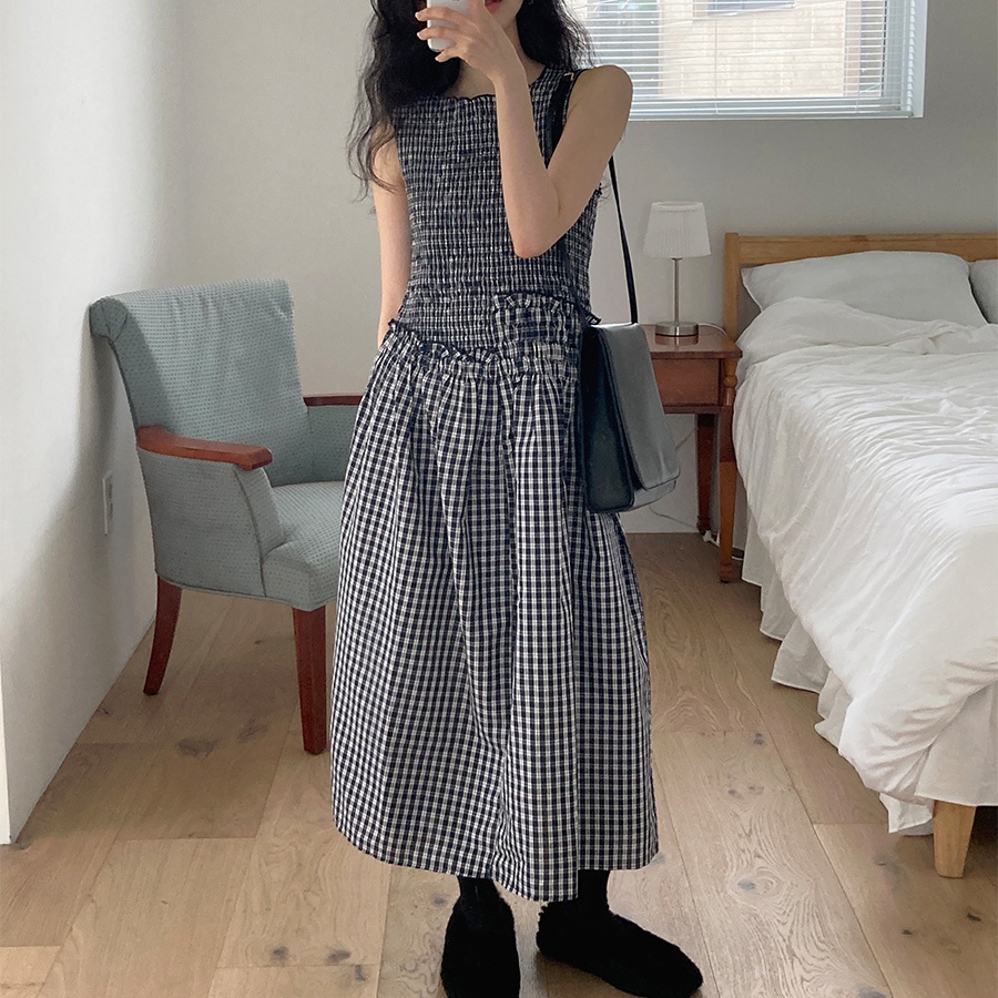 现货 韩系新款格子无袖连衣裙女今年流行爆款气质收腰法式长裙
