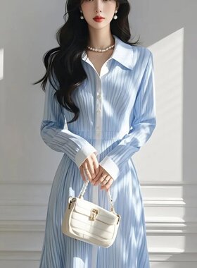 2025春季韩系千金感穿搭厅里厅气长裙法式气质蓝色条纹衬衫连衣裙