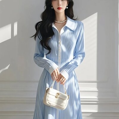 2025春季韩系千金感穿搭厅里厅气长裙法式气质蓝色条纹衬衫连衣裙