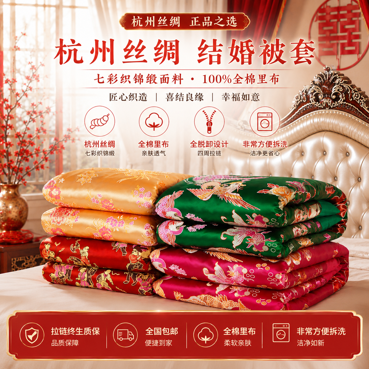 杭州丝绸正品织锦缎婚庆被套 软缎被面绸缎被罩结婚喜被龙凤百子