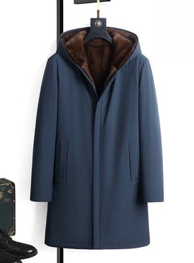 新款男士中长款加厚保暖十字貂环保水貂内胆派克服毛袖连帽外套