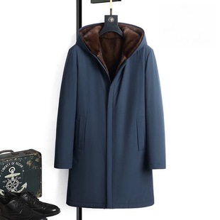 新款男士中长款加厚保暖十字貂环保水貂内胆派克服毛袖连帽外套