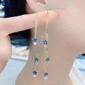 蓝色五角星高级感耳线长款 潮超仙流苏耳饰 防丢气质水钻耳环女新款