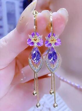 时尚紫色花朵树叶流苏高级耳环新款超闪设计爆款气质长款耳坠耳饰