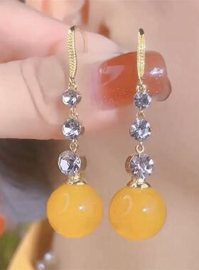 气质高级感镶钻黄色珠珠流苏耳钩个性小众设计感耳环网红爆款耳饰