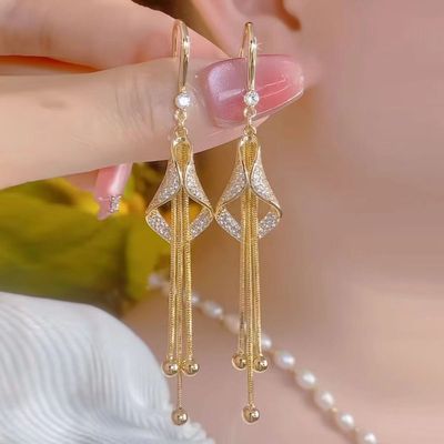 韩版时尚几何菱形长款流苏耳环