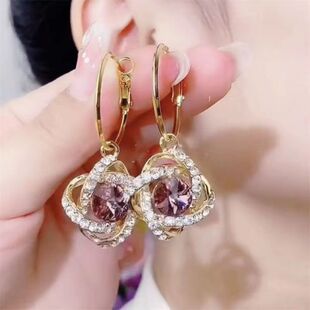 轻奢高级感紫色水钻花朵耳环新款百搭满钻耳坠气质耳扣耳饰