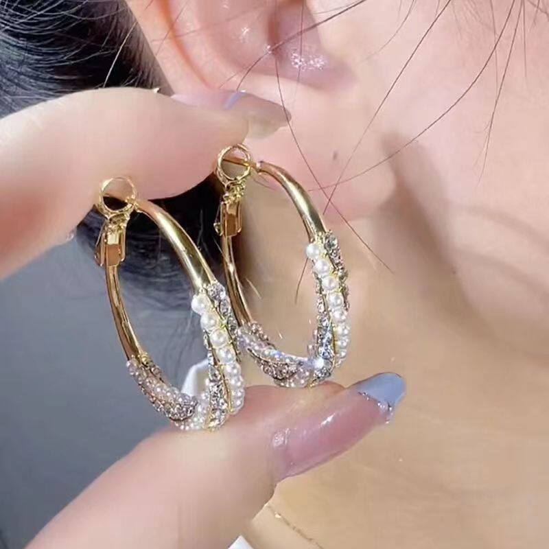 轻奢气质水钻珠珠大耳圈耳环女小众时尚高级感网红爆款圈圈耳饰潮