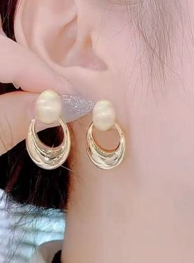 港式复古风椭圆磨砂圈圈耳钉轻奢高级感流行耳坠精致百搭气质耳饰