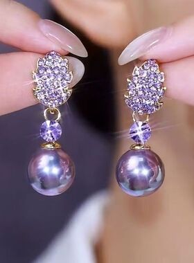 轻奢紫色满钻树叶珠珠耳环女新款小众设计高级感耳扣气质耳饰