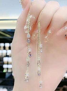 设计感紫色水钻水滴耳线耳环