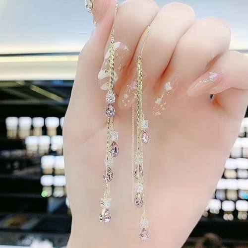 设计感紫色水钻水滴耳线耳环