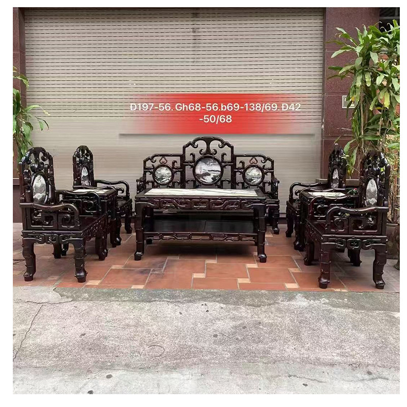 老挝大红酸枝交趾黄檀勾椅竹节款沙发8件套越南红木家具