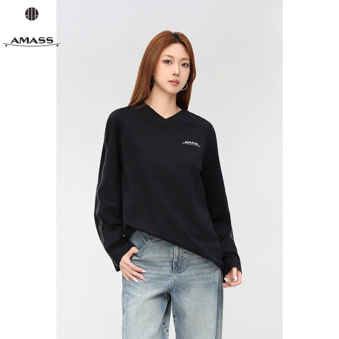 AMASS/阿玛施春夏新款时尚印花休闲百搭长袖V领卫衣舒适女 530158