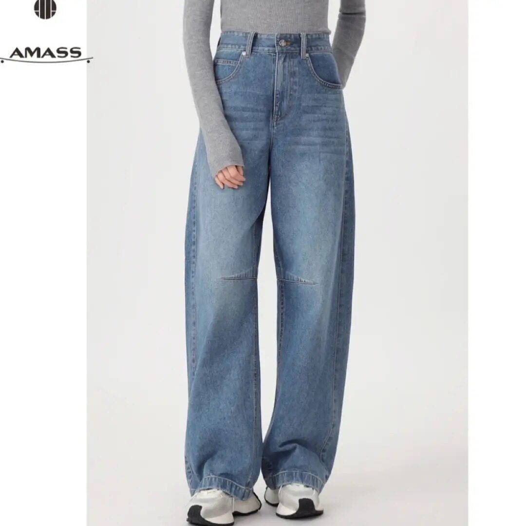 AMASS/阿玛施常规女裤子高腰拖地裤牛仔裤拼接弯刀裤510077