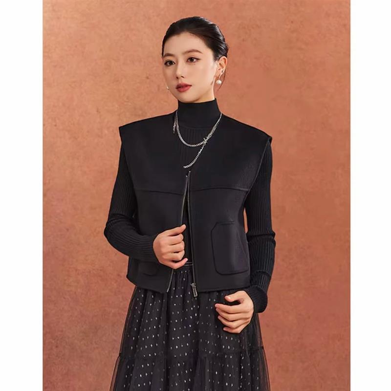 AMASS/阿玛施新款绵羊毛时尚气质短款双面呢V领拉链马甲女 540066