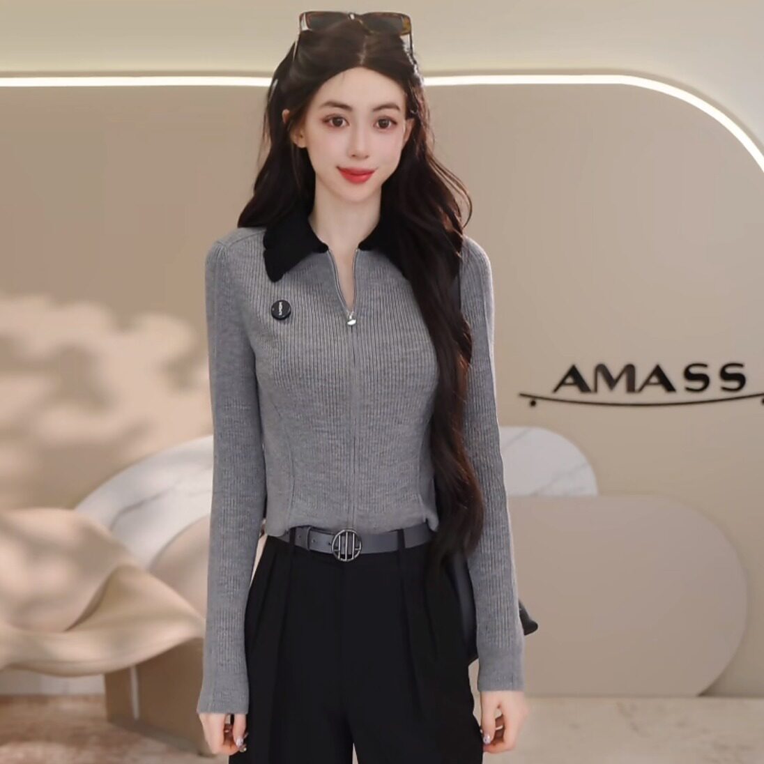 AMASS/阿玛施AMASS新款拉链小众休闲显瘦长袖针织外套548060