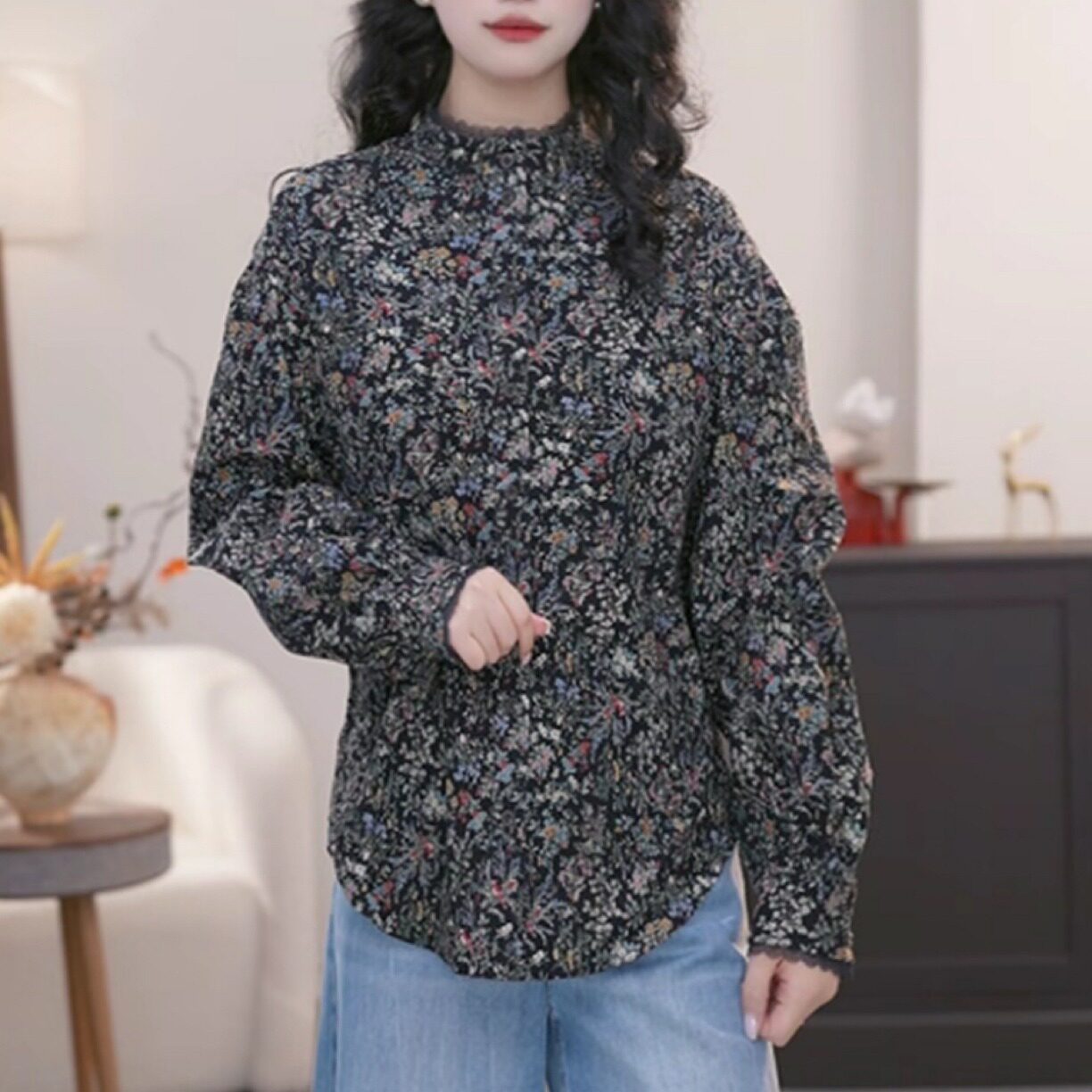 AMASS/阿玛施26新款早秋百搭显瘦复古碎花立领长袖衬衫530115