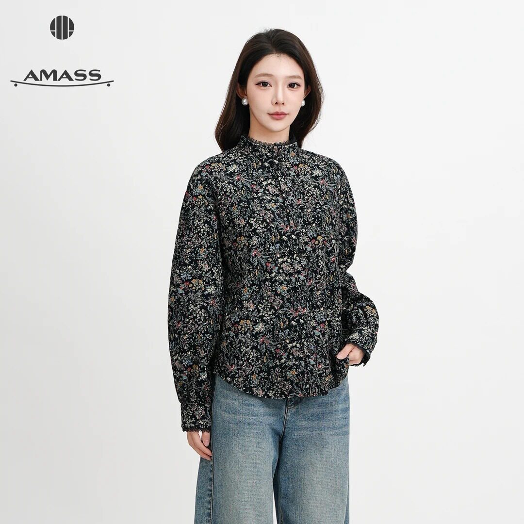 AMASS/阿玛施26新款早秋百搭显瘦复古碎花立领长袖衬衫530115