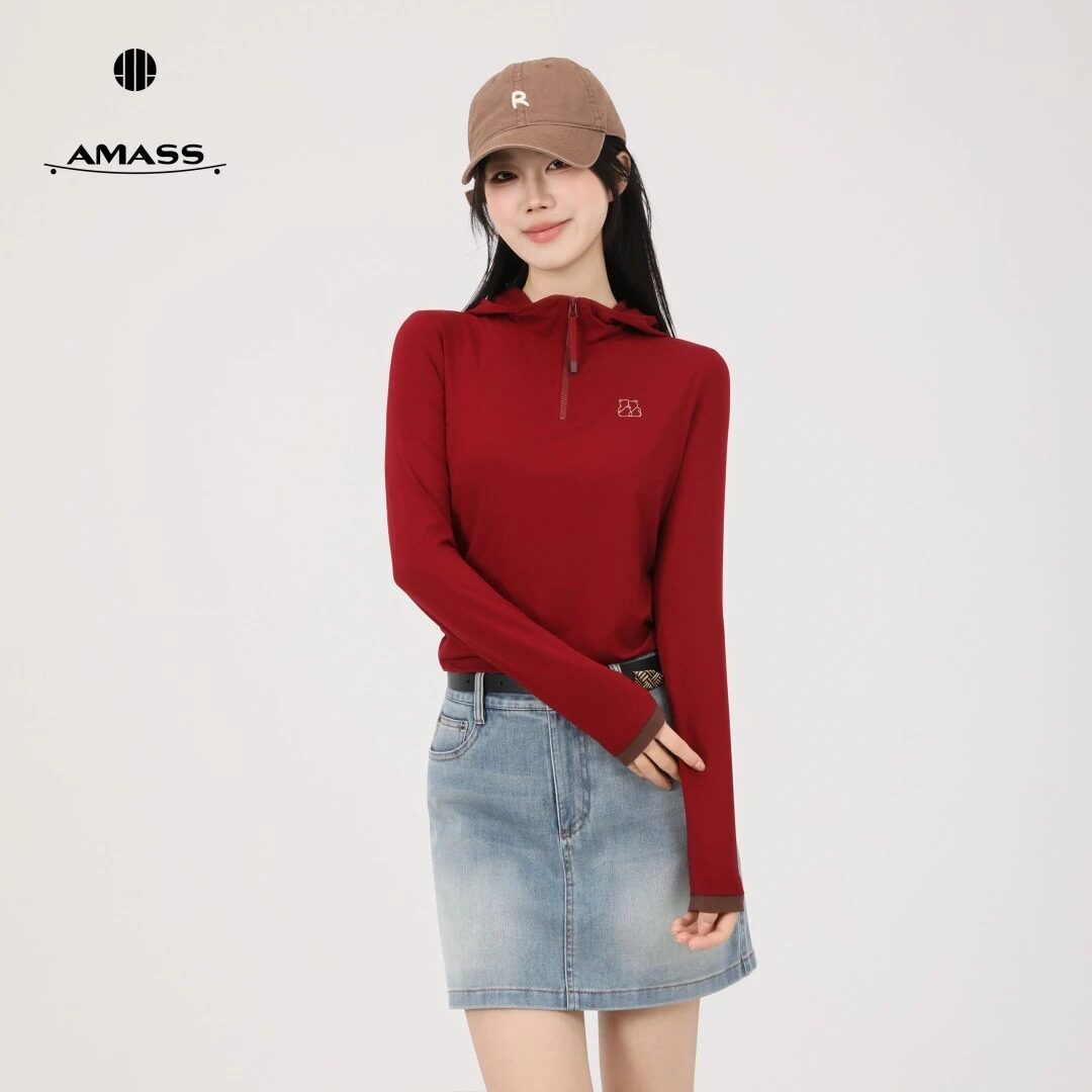 AMASS/阿玛施新款连帽拼色长袖修身显瘦上衣侧捏褶设计卫衣530262