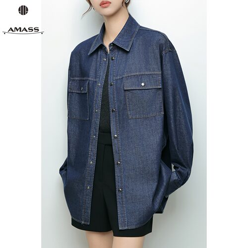 阿玛施新款宽松经典复古丹宁风廓形牛仔衬衫外套女 5300971