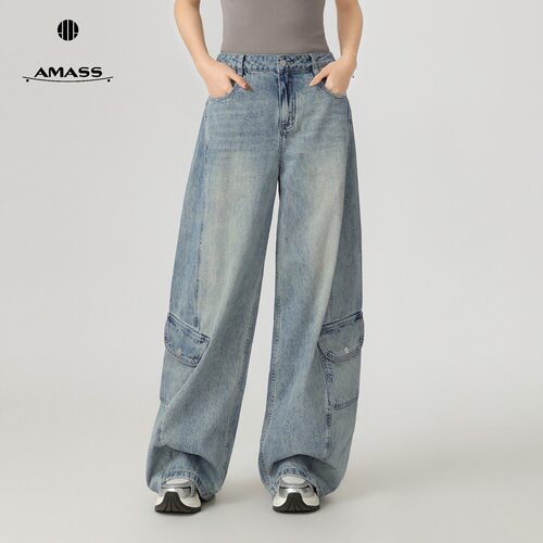 AMASS/阿玛施高街复古水洗做旧宽松垂感工装阔腿牛仔弯刀裤510089