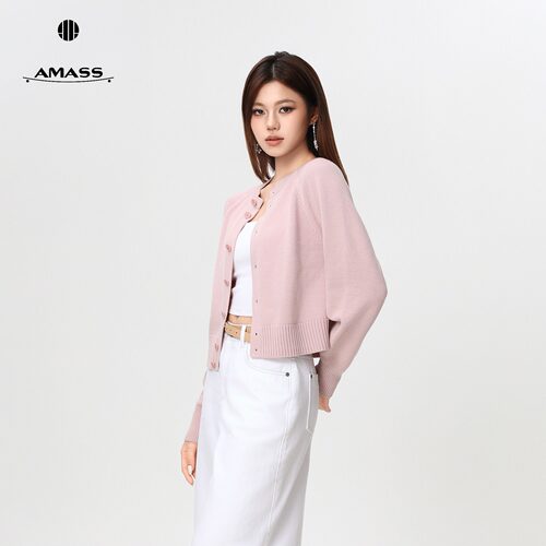 AMASS/阿玛施精选纯羊毛高品质休闲圆领长袖显瘦针织开衫548033