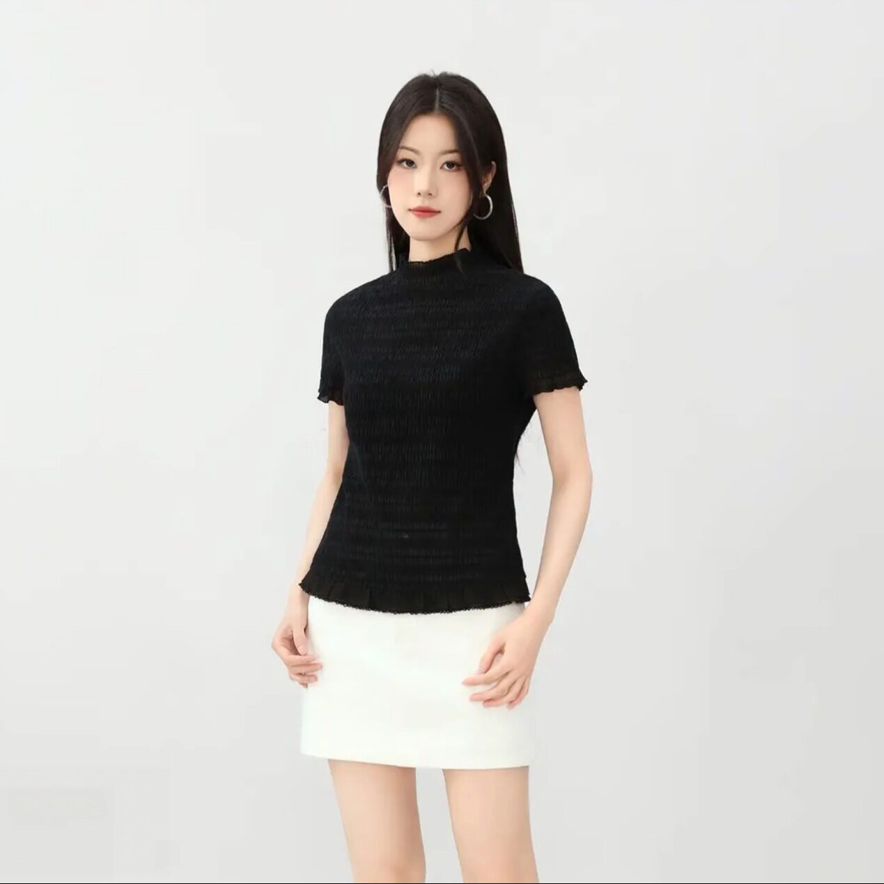 AMASS/阿玛施新款百搭休闲时尚肌理纹小立领轻薄柔软短袖女530063