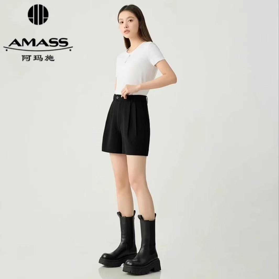 AMASS/阿玛施早春经典招牌款百搭高腰打褶宽腿短裤2026黑色510001