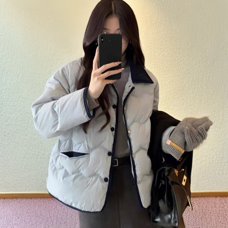 反季轻薄棉服女冬季新款翻领灯芯绒菱格宽松百搭短款保暖棉衣外套