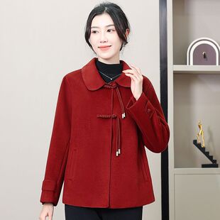 红色短款双面仿羊绒大衣女2025年新款高端盘扣毛呢外套小个子大衣