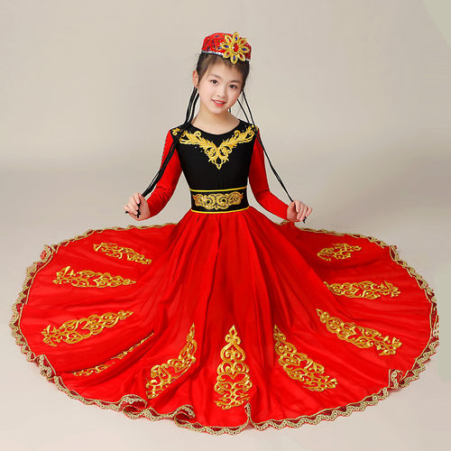 儿童新疆舞服装演出服女童少数民族维吾尔族舞蹈表演服大摆裙套装