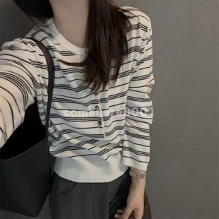 现货速发韩国东大门代购niu同款2025秋季新款圆领羊毛条纹针织衫