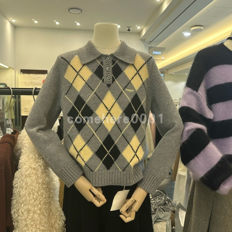 现货速发韩国东大门代购pouch2025冬季新款菱格纹翻领系扣毛衣