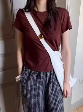 现货速发韩国东大门代购mohhe2025夏季新款圆领纯色短袖高腰T恤