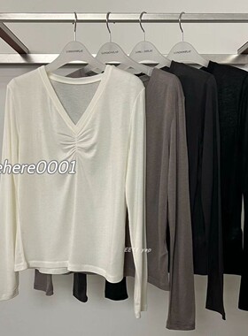 现货速发韩代 LONDONFLAT 【怒推自留显瘦！】V 领褶皱长袖打底T