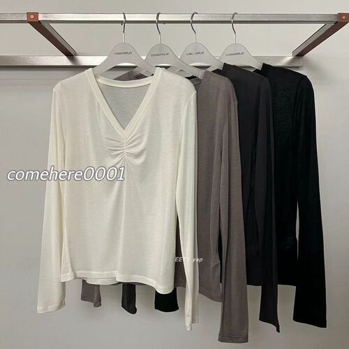 现货速发韩代 LONDONFLAT 【怒推自留显瘦！】V 领褶皱长袖打底T