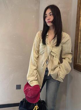 现货韩国东大门2024年春夏新款Londonflat向日葵欧尼同款条纹衬衫