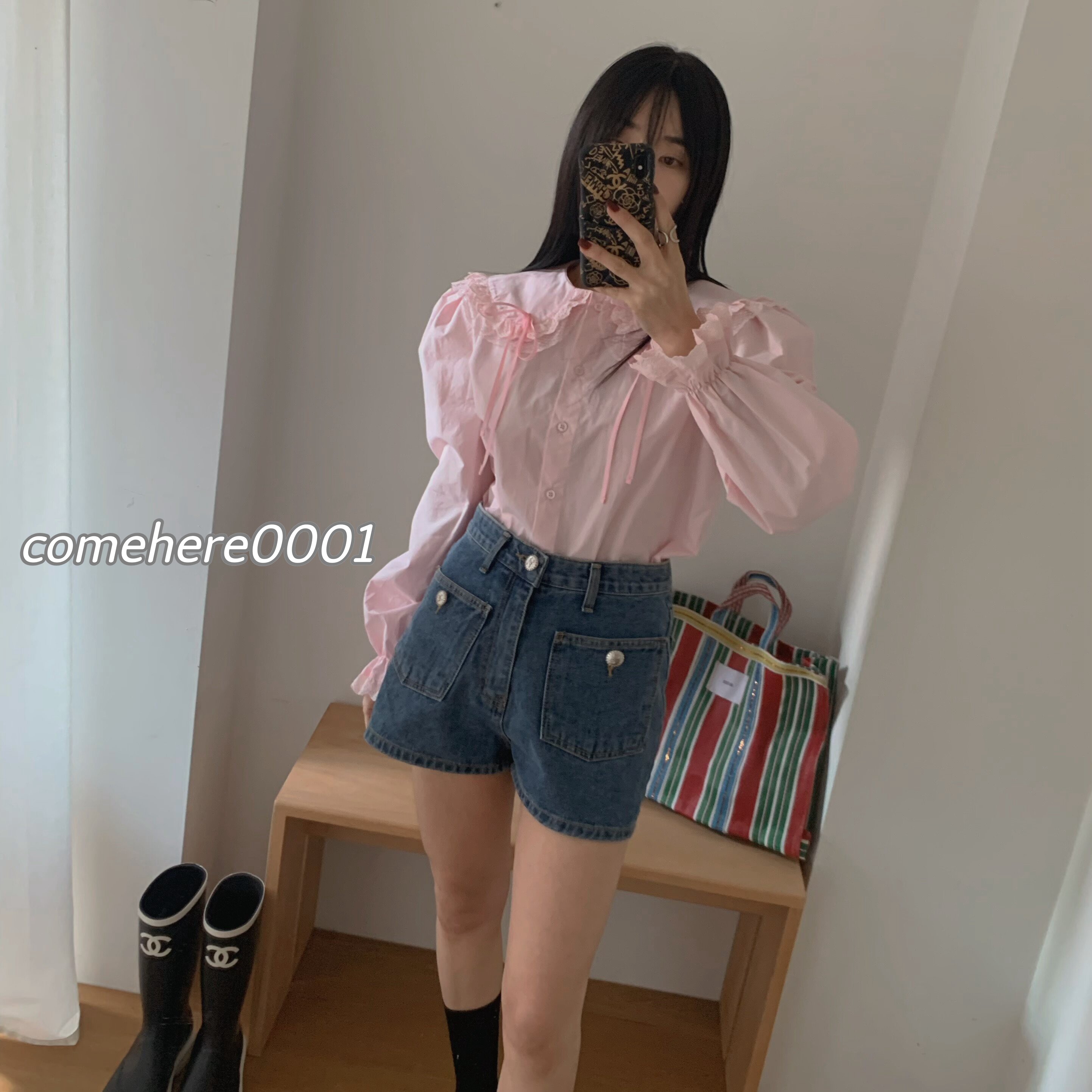 现货速发 韩国东大门代2026春by flow女甜美可爱娃娃领蝴蝶结衬衫